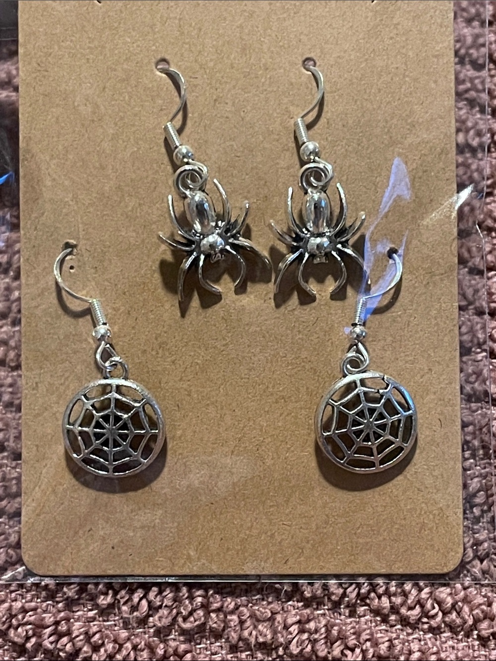 Halloween Spider & Web Drop Earrings Set - Silver